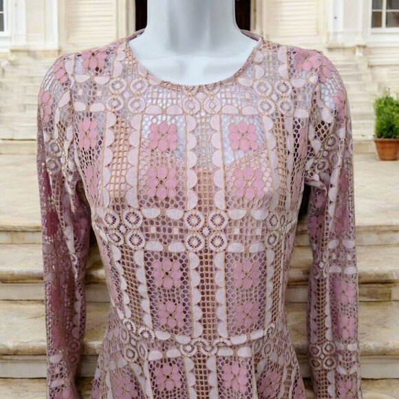 ModCloth ✦ Lace Skater Dress ✦ Pink & Beige Floral Sheer Long Sleeves Open Back - Picture 13 of 16